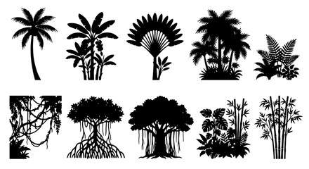 Tropical Jungle Silhouettes, Exotic Palm Trees and Vines, Lush Foliage Vector Elements, Botanical Nature Graphics © rahul