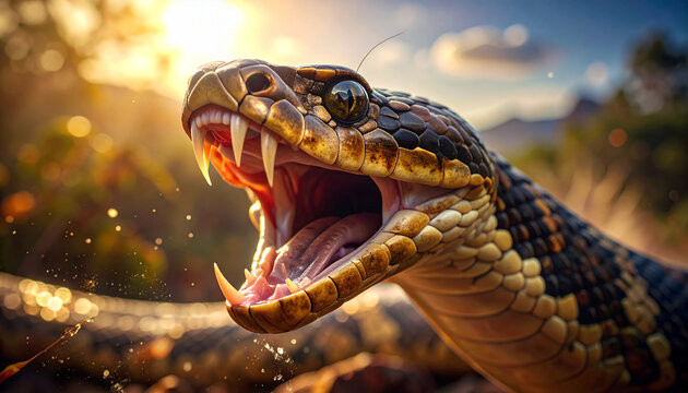 Snake with open mouth and sharp fangs in natural habitat
