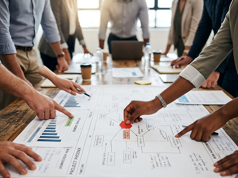 Diverse business team hands pointing at blueprint data and charts during a collaborative strategy meeting