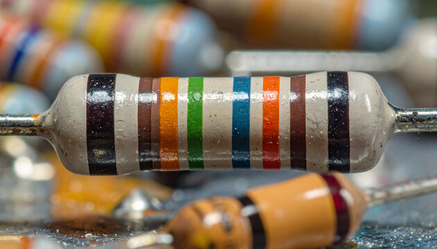 Resistor components with colorful bands for electronics and technology