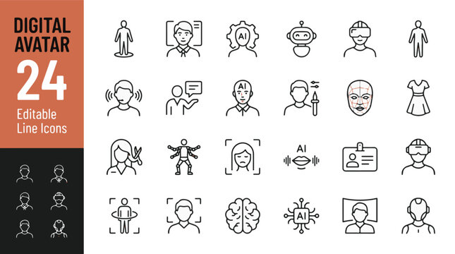 Digital Avatar line icon set featuring AI, virtual reality, metaverse profile, facial recognition, chatbot, robot brain, automation, cyborg technology, futuristic user identity