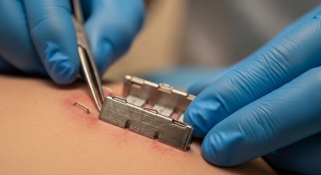 Medical professional performing minor surgical procedure with metal tool
