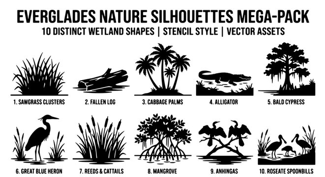 Everglades Nature Silhouettes Mega-Pack: 10 Distinct Wetland Shapes, Stencil Style Vector Assets for Wildlife and Landscape Design