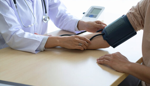 Doctor taking blood pressure of patient in medical office