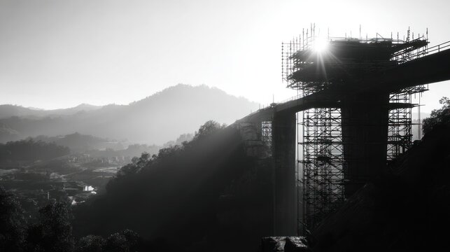 Black and white construction site silhouette against mountain range