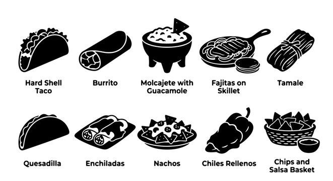Mexican Food Icons Set, Vector Graphics of Traditional Cuisine: Tacos, Burritos, Enchiladas, Fajitas, Tamales, Quesadillas, Nachos, Chile Rellenos, Guacamole, Chips and Salsa