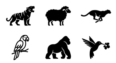 Silhouette Animal Icons Set: Tiger, Sheep, Cheetah, Parrot, Gorilla, Hummingbird Vector Graphics for Wildlife, Nature, and Zoo Concepts © samima