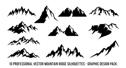 Fototapeta premium 10 Professional Vector Mountain Ridge Silhouettes, Graphic Design Pack: Rugged Peaks, Alpine Landscapes, Wilderness Icons for Outdoor Adventure Branding