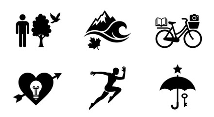 Obraz premium Diverse Silhouette Icons: Nature, Health, Ideas, Travel, Protection, and Lifestyle Concepts, Vector Graphics Set