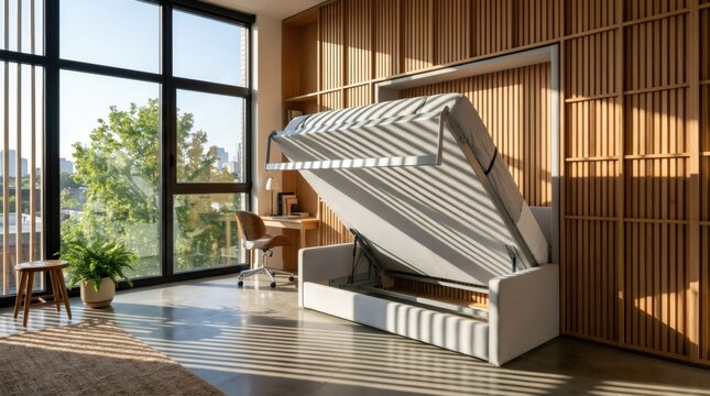 Murphy bed folding down in modern apartment. Smart furniture for small room storage and space saving. Minimalist interior design with wooden wall paneling and floor to ceiling window.