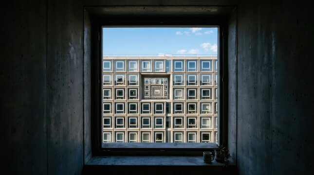 View through window on symmetrical brutalist residential building facade. Urban landscape architecture with repetitive square apartment windows. Modern concrete city housing estate concept.
