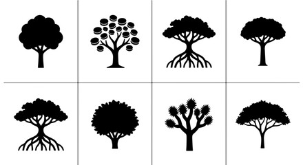 Diverse Tree Silhouettes Collection, Nature Icons Set, Organic Shapes, Botanical Elements, Woodland Graphics, Black and White Vector Art for Design © samima