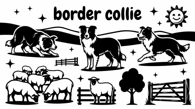 intelligent border collie standing across a wide sheep pasture with rolling green hills wooden fences open grassland and peaceful agricultural scenery creating classic working farm environment vector