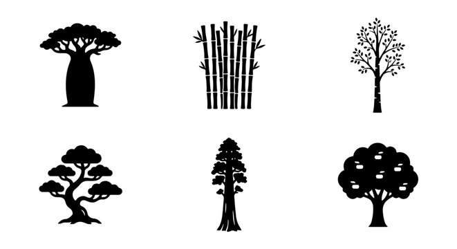 Diverse Tree Silhouettes Collection: Baobab, Bamboo, Deciduous, Bonsai, Sequoia, Fruit Tree Icons for Nature and Ecology Graphics