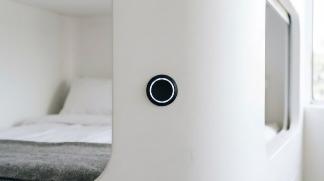 Close up of modern capsule hotel room button. Futuristic light switch for small bunk bed cabin. Minimalism technology for smart accommodation interior design and compact living space.