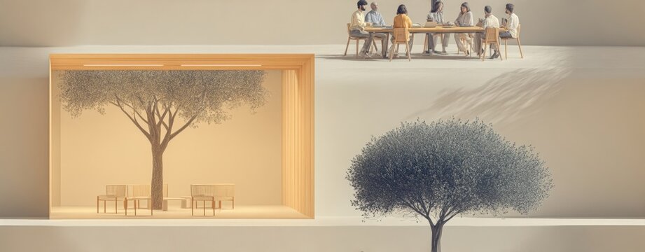 Data Compression Art Minimalist office meeting space with wooden furniture and artwork illustrating trees and nature motifs a data compression funnel