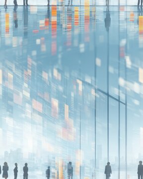 Data Compression Art Modern Business District with Glass Office Buildings and Reflection of City Skyline a data compression funnel