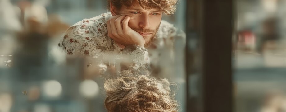 Data Compression Art Thoughtful young man with tousled hair resting his face on his hand, gazing downward in a contemplative pose indoors a data compression funnel