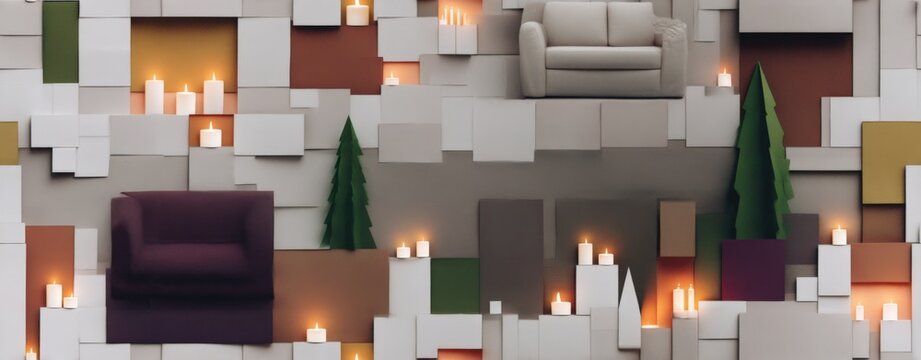 Data Compression Art Modern minimalist living room with geometric wall decor, illuminated candles, plush sofas, and decorative pine trees a data compression funnel