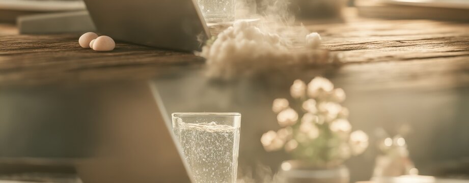 Data Compression Art Close-up of a wooden table with fallen sugar cubes and a pouring glass of sparkling water with bubbles during daylight a data compression funnel