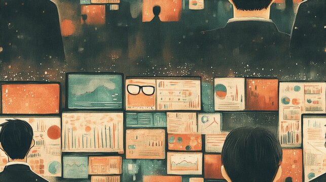 Data Compression Art Businesspeople Analyzing Data and Charts on Multiple Computer Screens in Modern Office a data compression funnel