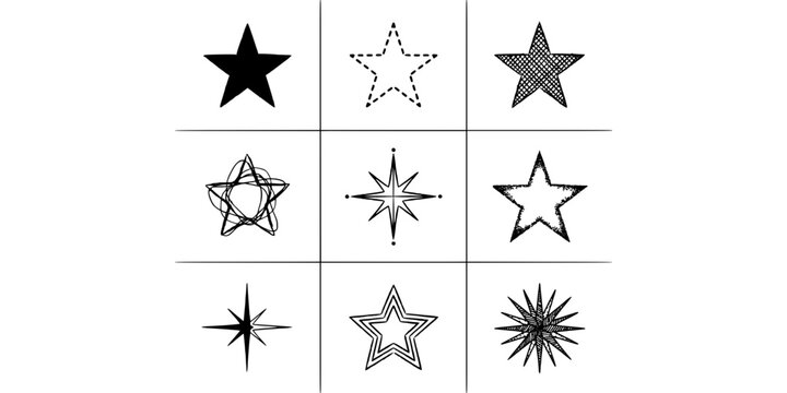 Stars in Various Styles and Patterns Arranged in a 3x3 Grid Featuring Star, Pattern, Design with Illustration and Vector Elements