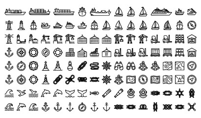 Nautical themed line art collection ships anchors and maritime symbols © Shamim