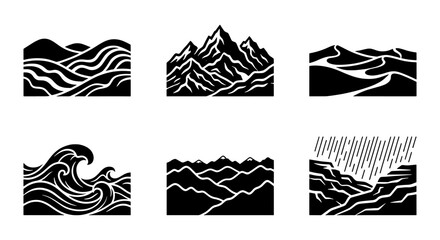 Monochromatic Landscape Icons Set: Rolling Hills, Jagged Mountains, Desert Dunes, Ocean Wave, Mountain Range, and Rainfall Over Cliffs. Vector Graphics for Nature and Outdoor Themes. © sifat