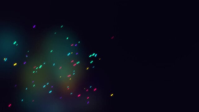 Vibrant Glowing Neon Particles on Dark Background. Seamless loop animation of colorful moving dashes and bokeh lights, perfect for tech, party, and abstract design backgrounds