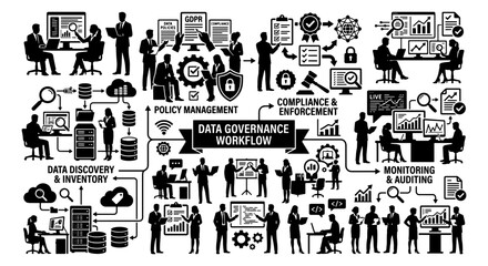 Obraz premium Data Governance Workflow Icons, Policy Management & Compliance, Business Process Flowcharts, Digital Information Management Concepts