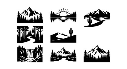 Obraz premium Black and White Nature Landscape Vector Icons, Mountain, Forest, Desert Scenes, Waterfall and Sunrise Silhouettes for Outdoor Adventure Graphics