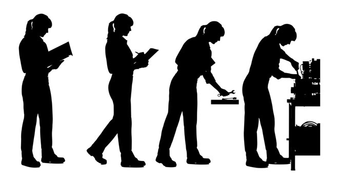 Female Technician Silhouettes: Inspecting, Writing, Assembling, Working with Machinery, Vector Set for Industrial and Technical Concepts
