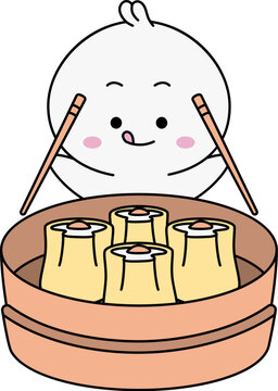 Cute Kawaii Character Enjoying Dumplings