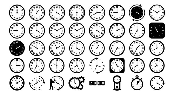 Diverse Clock Icons Collection, Time Management Symbols, Round and Square Timepieces, Stopwatch and Alarm, Vector Graphics for Business and Design