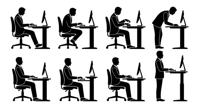 Ergonomic Posture Set: Diverse Sitting & Standing Computer Work Poses, Business Professional Silhouettes for Health & Wellness Graphics
