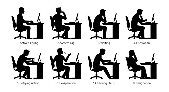 Office Worker Stress Set: 8 Silhouette Icons Depicting Computer Frustration, System Lag, and Resignation, Business Workflow Icons