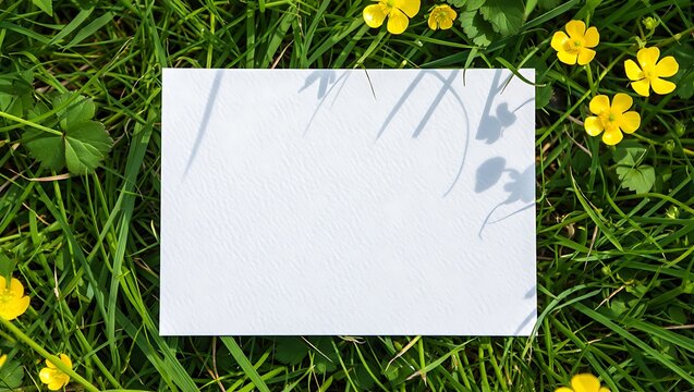 Blank white card in sunny green grass with daisies