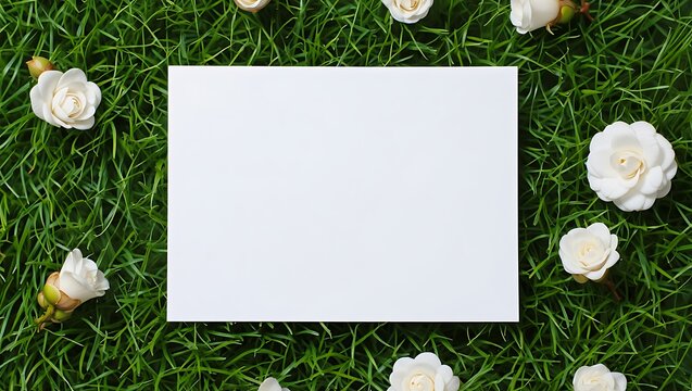 Blank white card in sunny green grass with daisies