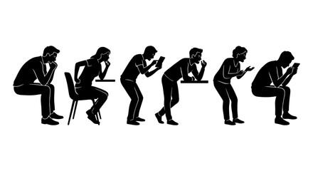Obraz premium Diverse Human Poses, Silhouette Collection: Contemplative Individuals, Digital Device Interaction, Modern Lifestyle Vector Art