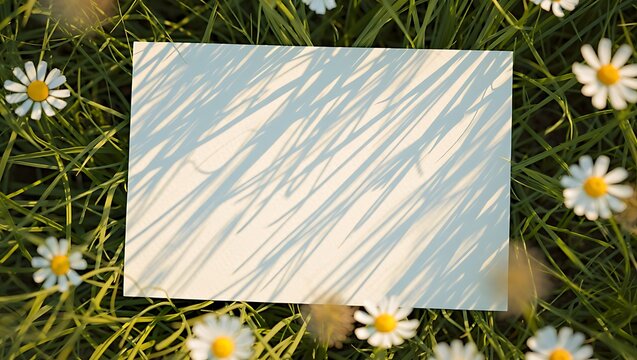 Blank white card in sunny green grass with daisies