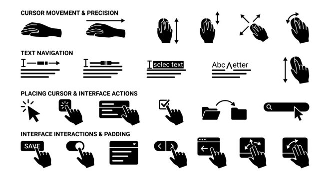 Vector Icons: Cursor Movement, Text Navigation & Interface Actions, 25 Elements, Black and White UI Symbols for Digital Design and Web Applications