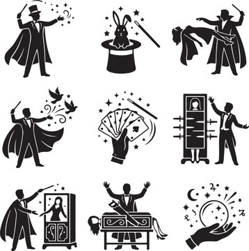 Magic show performance icons set, magician performing circus tricks vector, illusionist with rabbit in hat and playing cards silhouettes