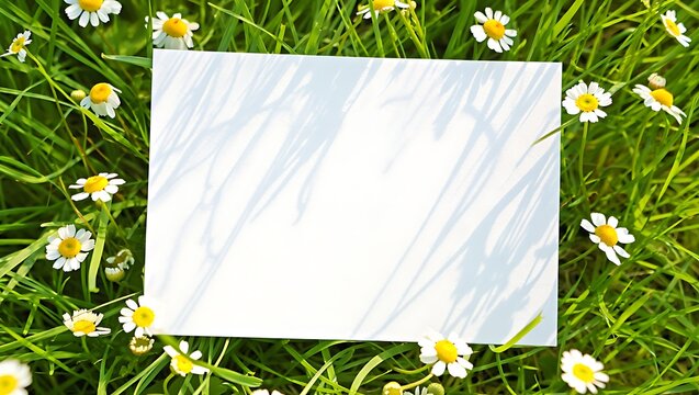Blank white card in sunny green grass with daisies