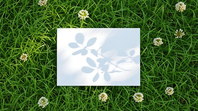 Blank white card in sunny green grass with daisies