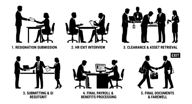 Employee Offboarding Process Vector Icons, Business Resignation Steps, HR Exit Procedures, Corporate Departure Workflow, Document Handover, Farewell Sequence