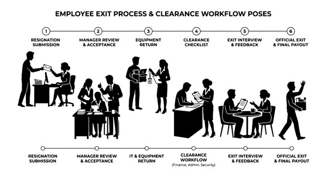 Employee Exit Process Workflow, Business Resignation & Clearance Steps, HR Onboarding & Offboarding Procedures, Corporate Termination Stages, Professional Offboarding Vector Icons