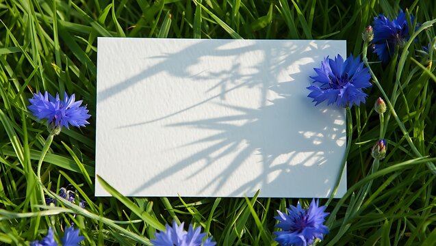 Blank white card in sunny green grass with daisies