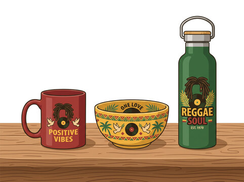 Reggae Inspired Kitchenware Vector Set with Rasta Pattern for Merchandise and Branding