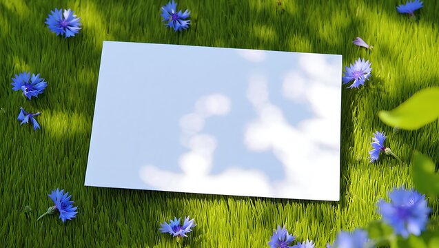 Blank white card in sunny green grass with daisies