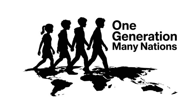 Diverse people walking on world map with text one generation many nations